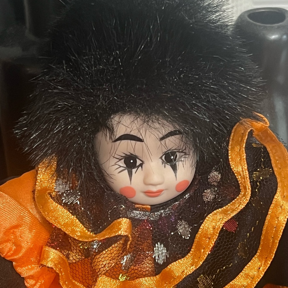 Black and Orange Clown Doll with Fur Hat - Picture 3 of 4
